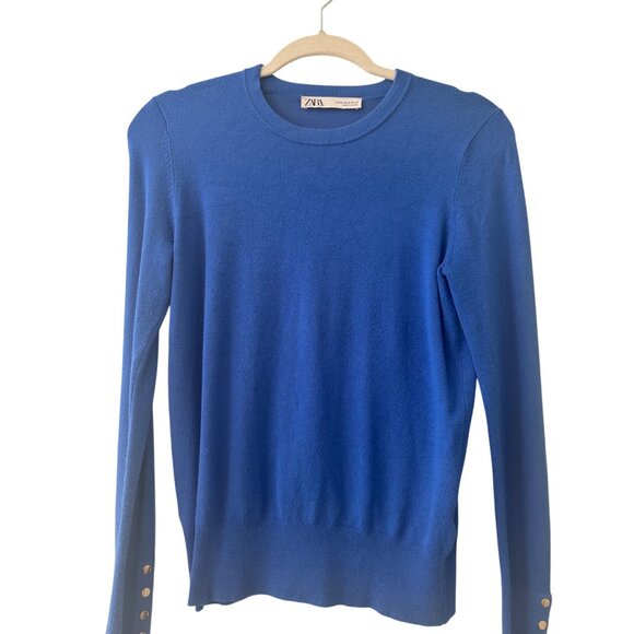 Zara Blue Long Sleeve Sweater Button Cuff Size M - Picture 2 of 9